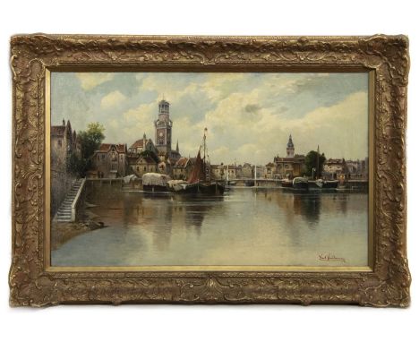 KARL KAUFMANN (AUSTRIAN 1843 - 1905), RIVER SCENE oil on canvas, signed image size 50cm x 81cm, overall size 68cm x 98cm Fram