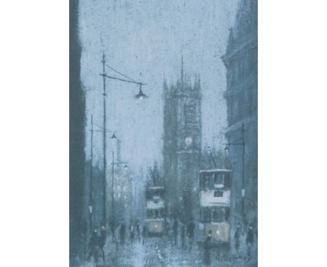 ARTHUR DELANEY ARTIST SIGNED COLOUR PRINT Deansgate with trams, the cathedral in the background Signed and numbered in pencil