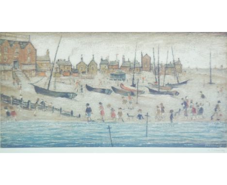 •L.S. LOWRY (1887-1976) ARTIST SIGNED COLOUR PRINT 'The Beach'  Signed in pencil and with guild stamp  10 1/4" x 19 3/4" (26c