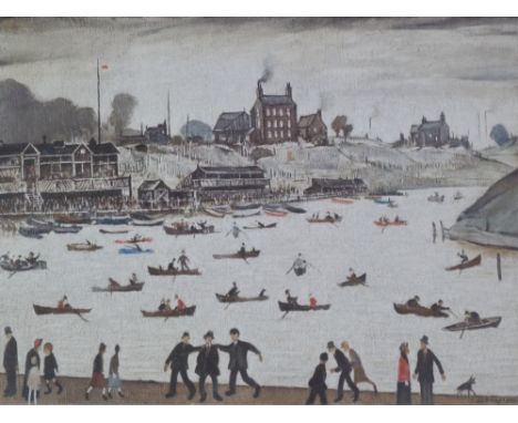 •L.S. LOWRY (1887 - 1976) ARTIST SIGNED COLOUR PRINT  'Crime Lake', an edition of 500 Guild stamped and signed 18" x 24" (46c