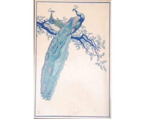 FRITZ LANG (1877-1961) COLOUR WOODBLOCK PRINT ON BUFF PAPER Pair of peacocks Signed 23" x 15" (58.4cm x 38.1cm)