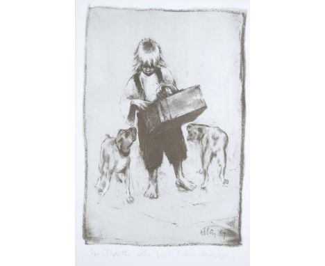 •HAROLD RILEY (B.1934) PRINT AFTER CHARCOAL DRAWING Street urchin with bread basket and dogs With handwritten inscription, 'F