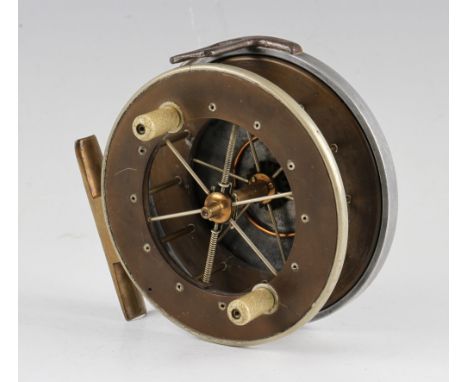 Rare Allcock Aerial Roller Back Reel: 4.5" dia., 6x spoke ebonite drum with German silver front rim, alloy back plate with 4 