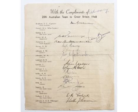 1948 Australian "The Invincibles" Cricket Signed Team Sheet : Autographed by 15 players to include Don Bradman, S G Barnes, W