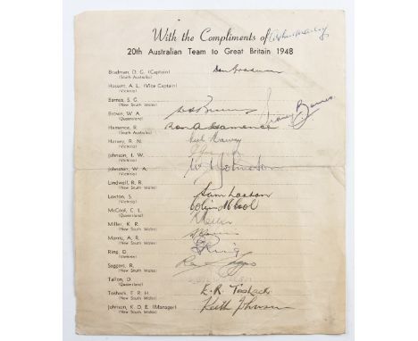 1948 Australian "The Invincibles" Cricket Signed Team Sheet : Autographed by 15 players to include Don Bradman, S G Barnes, W