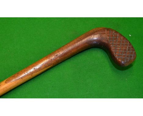 Interesting Sunday golf walking stick  with spliced wooden putter handle - with cross hatched face markings with an ash shaft