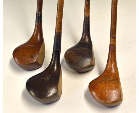 Tom Morris small stained brassie and 3 other woods -  similar shaped brassie showing the James Braid autograph to the crown, 