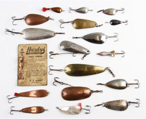 Collection of various named spoon baits (18) -makers incl A.E Verona Calcutta, W.R Hardy Carlton NSW Trout Twirler on card; W