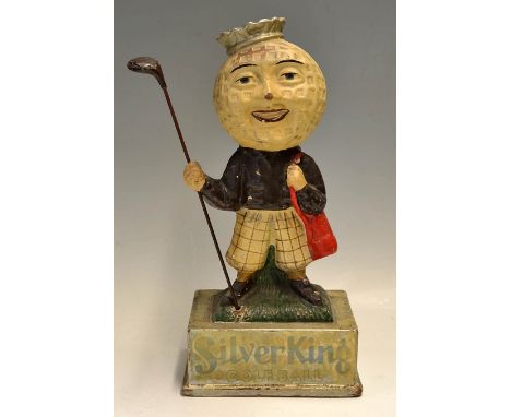 Rare Silver King papier-mâché advertising golf ball caddy figure c.1910-on the original rectangular base with makers paper la