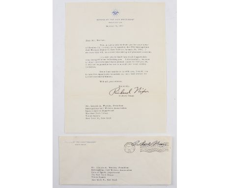 1957 Autographed Letter by Richard Nixon: 1957 Office of the Vice President letter headed paper a reply to the Metropolitan G