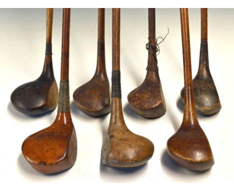 7x assorted woods: light stained unnamed left hand Bulldog Baffy, dark stained Parfinder spoon stamped to the aluminium sole 