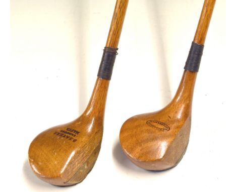 Ben Sayers Masta light stained persimmon brassie: with lower rams horn face insert together with a similar light stained bras