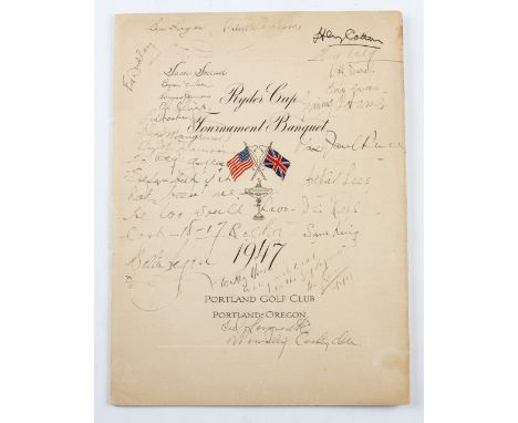Rare 1947 Ryder Cup Golf Tournament banquet menu belonging to Reg Horne and signed by both teams to the front cover - with pe