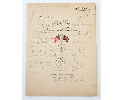 Rare 1947 Ryder Cup Golf Tournament banquet menu belonging to Reg Horne and signed by both teams to the front cover - with pe