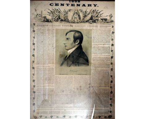 1798-1898 Centenary poster 1898 Centenary poster, Robert Emmet's Speech, centred with a portrait of Emmet, framed. 28½ x 20in