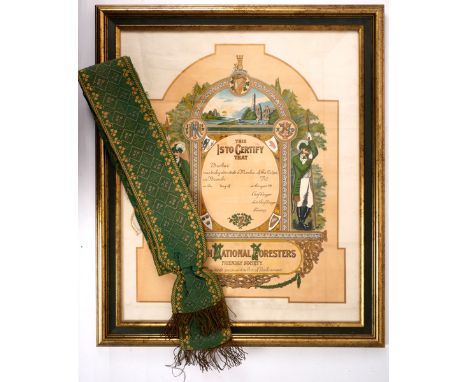 National Foresters certificate and sash. An unused membership certificate of the Irish National Foresters Friendly Society, f