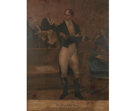 The Trial of Robert Emmet and a French poster recruiting Irishmen. A coloured engraving of Emmet, standing in the courtroom, 