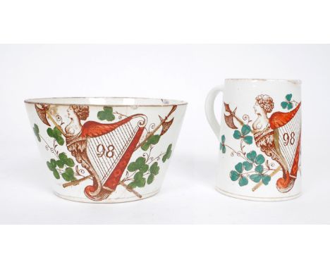 1798-1898 Commemorative sugar bowl and cream jug. A creamware sugar bowl & cream jug, transfer printed with a Maid of Erin Ha