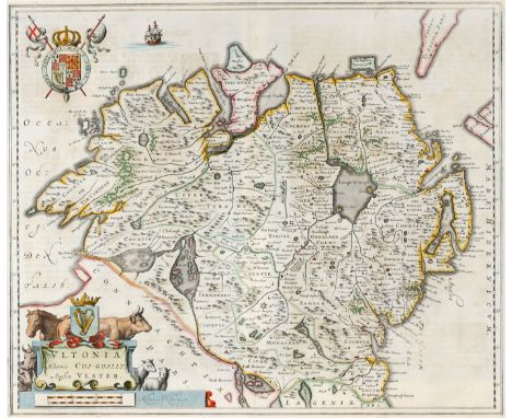 1654 Map of Ulster, by Joan Blaeu. A hand-coloured, engraved map of 'Vultonia; Hibernis Cujgujlly; Anglis Vlster', in the fir