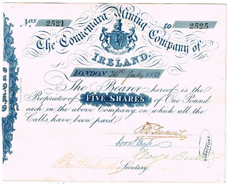 Share certificates, West of Ireland, natural resources. A group of five proof certificates and share certificates, Clew Bay C