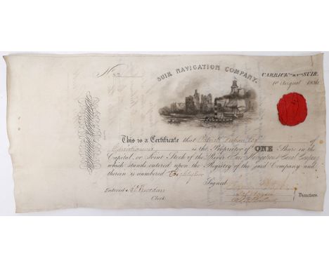1836, August 1, Suir Navigation Company, share certificate. Number 82, for one share, issued, signed by clerk and three direc