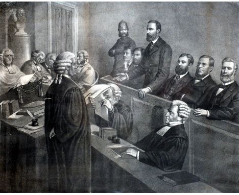 1880 Trial of the Irish Land Leaguers. An uncoloured print of Parnell, Sexton, Biggar and O'Sullivan in the dock, framed. 21½