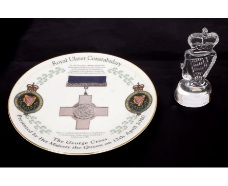 Royal Ulster Constabulary commemorative plate and cut glass badge. A porcelain plate the white ground centred by a George Cro