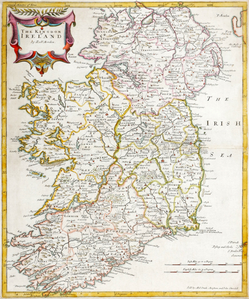 Late 17th century, map of The Kingdom of Ireland by Robert Morden. A ...