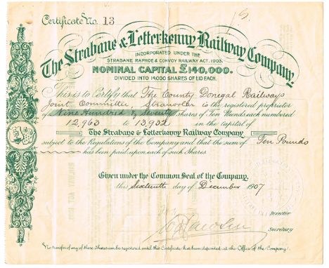 1907 The Strabane and Letterkenny Railway Company, share certificate. 'To Certify that the County Donegal Railways Joint Comm