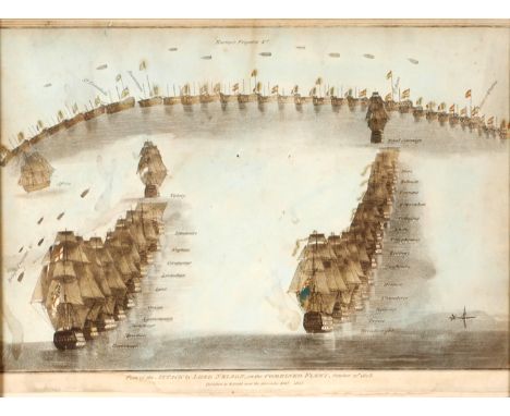 1805 Battle of Trafalgar, print of Nelson's disposition of ships. After Robert Dodd (1748-1816), a coloured engraving, Plan o