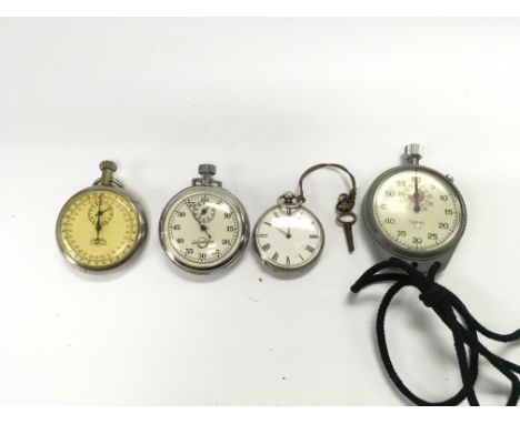 Collective lot including a silver pocket watch and three stopwatches. First two (from left) seen running other two not. Inclu