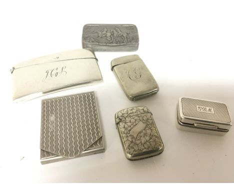 A collection of silver vests cases a card case silver snuff box and a pewter snuff box decorated with a hunting Scene. (6)
