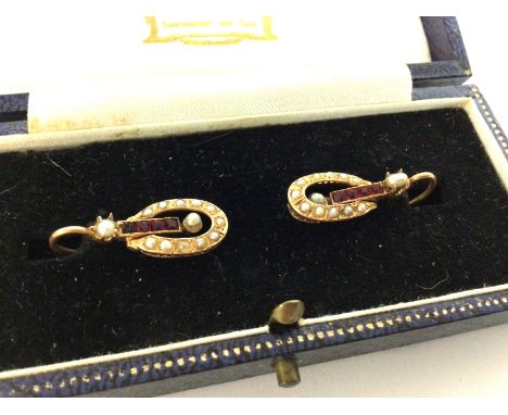 A pair of antique 15ct gold seed pearl and ruby earrings, 3.3g. Postage category A