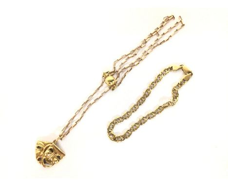 A 9ct gold mask pendant on chain and a 9ct gold bracelet , overall weight of 14.4g. Postage category A