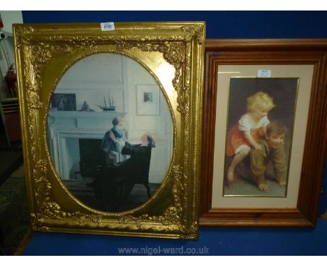 An ornate framed Print on board of a mother and child along with a Pears style print of children playing.
