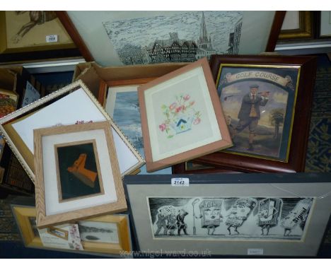 A quantity of prints including The Old House, Hereford by Lyndon Tedstone, a David Simonds print (glass a/f), golfing prints,