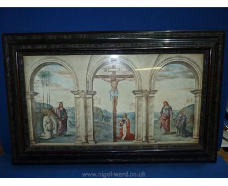 A dark framed Print of The Crucifixion after Perugino, 33 1/2" x 21".