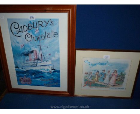 A framed Print advertising Cadbury's chocolate made under licence from Cadbury Ltd., along with a framed Print 'The Five girl