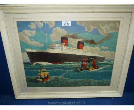 A framed and mounted print of The Ship Queen Elizabeth being accompanied by a Galleon and a Paddle Steamer, unsigned.