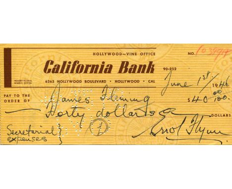 FLYNN ERROL: (1909-1959) Australian actor. D.S., Errol Flynn, being a signed cheque, Hollywood, California, 1st June 1946. Fl