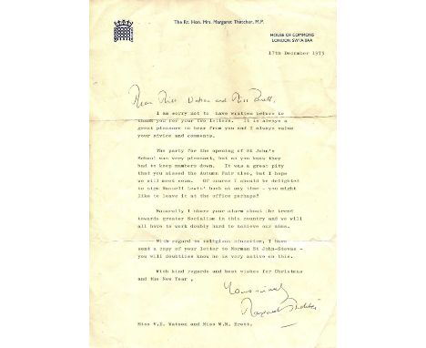 THATCHER MARGARET: (1925-2013) British Prime Minister 1979-90. T.L.S., Margaret Thatcher, with holograph salutation and subsc
