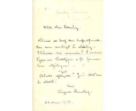 STRINDBERG AUGUST: (1849-1912) Swedish playwright, novelist & poet. A.L.S., August Strindberg, one page, 8vo, n.p., 22nd Marc