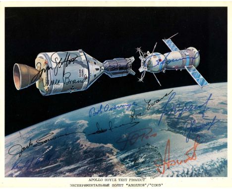 APOLLO-SOYUZ: A rare multiple signed official NASA colour 10 x 8 photograph issued in 1973 to announce the planned Apollo Soy