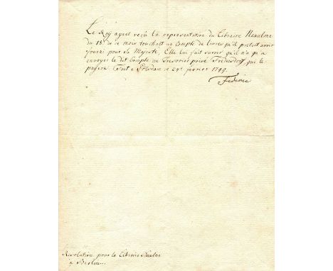 FREDERICK II: (1712-1786) King of Prussia 1740-86, known as Frederick The Great. A very fine L.S., `Frederic´, a bold ink sig