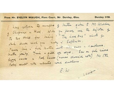 WAUGH EVELYN: (1903-1966) English writer whose novels include Vile Bodies (1930) and Brideshead Revisited (1945). A.L.S., wit
