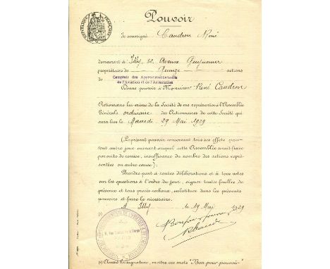CAUDRON RENE: (1884-1959) French pioneer aviator and aircraft manufacturer. D.S., Bon pour pouvoir, R Caudron, one page, smal
