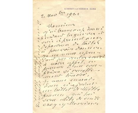 MONET CLAUDE: (1840-1926) French Impressionist painter. A.L.S., Claude Monet, one page, 8vo, Giverny par Vernon, Eure, 2nd No