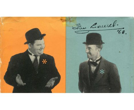 LAUREL STAN: (1890-1965) English film comedian. Signed colour 5.5 x 3 paperstock image, neatly excised from a dust jacket, de