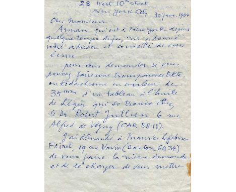 DUCHAMP MARCEL: (1887-1968) French painter and sculptor. A.L.S., Marcel Duchamp, two pages, 8vo, New York, 30th January 1964,