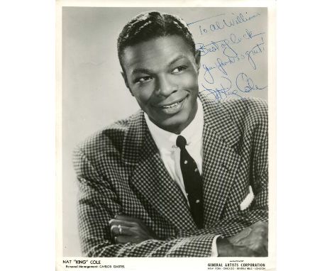 COLE NAT KING: (1919-1965) American singer and jazz pianist. Vintage signed and inscribed 8 x 10 photograph, the promotional 